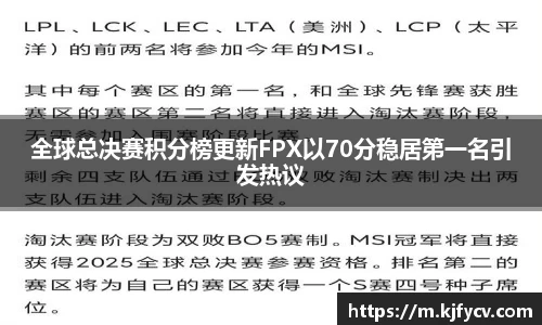 全球总决赛积分榜更新FPX以70分稳居第一名引发热议